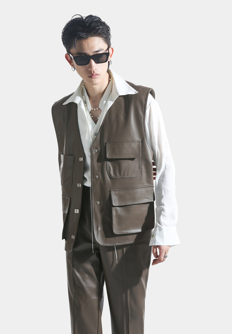 Brown Sandy Faux Leather Waistcoat